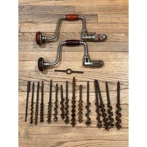 Vintage Millers Falls & Stanley Hand Drills W/ Lot Of 15‎ Wood Auger Drill Bits